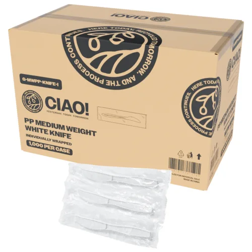 CIAO! Medium Weight Disposable White Knife Polypropylene Individually Wrapped (Case of 1,000)