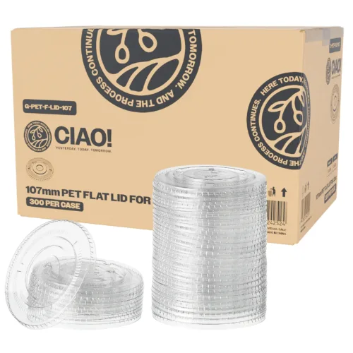 CIAO! 107mm Diameter Ultra Clear PET Flat Lid with Straw Slot - Fits CIAO! Brand 32 oz PET Cups Cups Only (Case of 300)