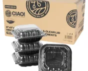 CIAO! 8"x8"x3" Polypropylene Black bottom with Clear Lid Hinged Container 3 Compartment Take Out Container, Microwavable, Recyclable and Reusable, (Case of 150)