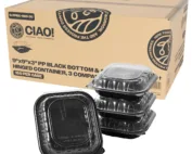 CIAO! 9"x9"x3" Polypropylene Black bottom with Clear Lid Hinged Container 3 Compartment Take Out Container, Microwavable, Recyclable and Reusable, (Case of 150)