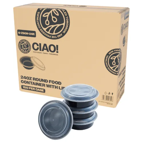 CIAO! 24oz Injection Molded Microwavable Black Round Food Container with Lid (150/case)