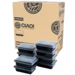 CIAO! Heavy Weight 38 oz Injection Molded Microwavable Black Rectangular Food Container with Lid (150/case)