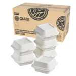 CIAO! 6"x6"x3" Clamshell 1 Compartment Containers 100% Compostable Ecofriendly PFAS Free Unbleached Bagasse Natural White(500/case)