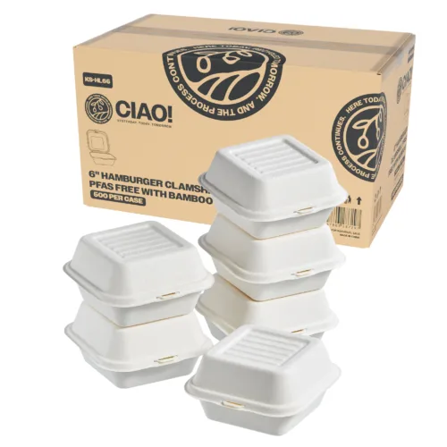 CIAO! 6"x6"x3" Clamshell 1 Compartment 100% Compostable Ecofriendly PFAS Free Unbleached Bagasse Natural White (500/case)