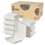 CIAO! 9"x9"x3" Clamshell 1 Compartment Containers 100% Compostable Ecofriendly PFAS Free Unbleached Bagasse Natural White(200/case)