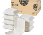 CIAO! 9"x9"x3" Clamshell 1 Compartment 100% Compostable Ecofriendly PFAS Free Unbleached Bagasse Natural White (200/case)