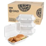 CIAO! 9"x6"x3" Clamshell 1 Compartment Containers 100% Compostable Ecofriendly PFAS Free Unbleached Bagasse Natural White(250/case)