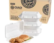 CIAO! 9"X6"X3" Clamshell 1 Compartment 100% Compostable Ecofriendly PFAS Free Unbleached Bagasse Natural White (250/case) …