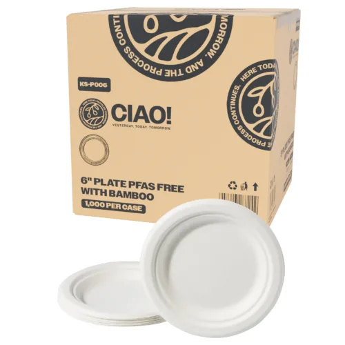 CIAO! 6" Heavy Duty White Plate 100% Compostable Ecofriendly PFAS Free Unbleached Bagasse Natural White (Pack of 1,000)