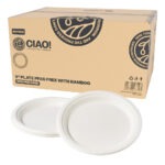 CIAO! 9" Heavy Duty Plate 100% Compostable PFAS Free Unbleached Bagasse Natural White (Pack of 500)