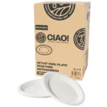 CIAO! 10"X12" Heavy Duty Oval Plate 100% Compostable PFAS Free Unbleached Bagasse Natural White (Pack of 500)