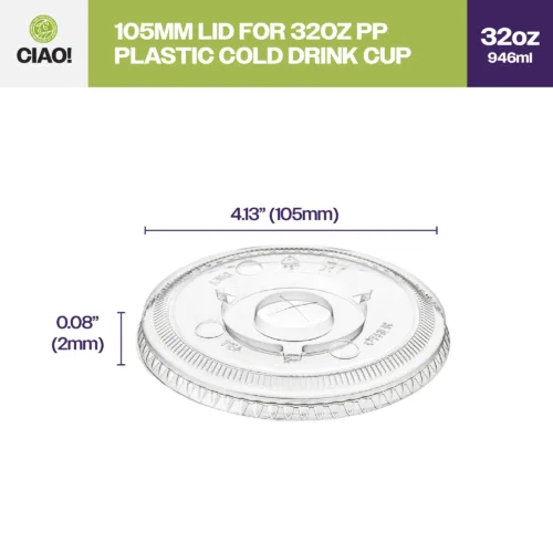 CIAO! Ultra Clear PET Flat Lid with Straw Slot - Fits CIAO! 32 oz PP Cups, 105mm