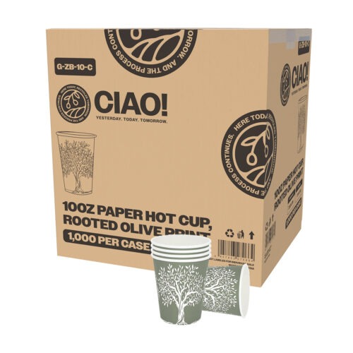 CIAO! 10oz Paper Hot Cup, Rooted Olive Print, (Case of 1,000)
