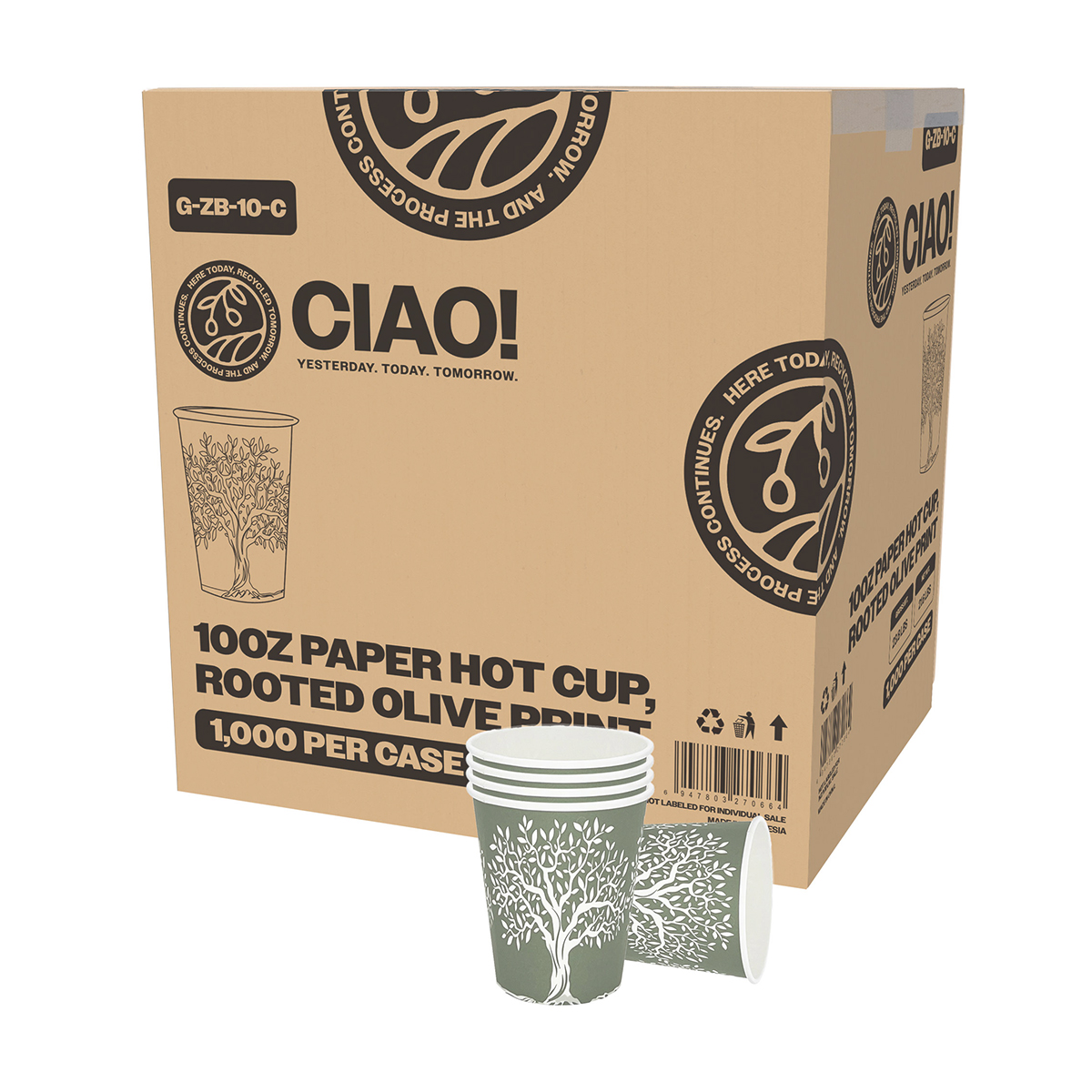 CIAO! 10oz Paper Hot Cup, Rooted Olive Print, (Case of 1,000)