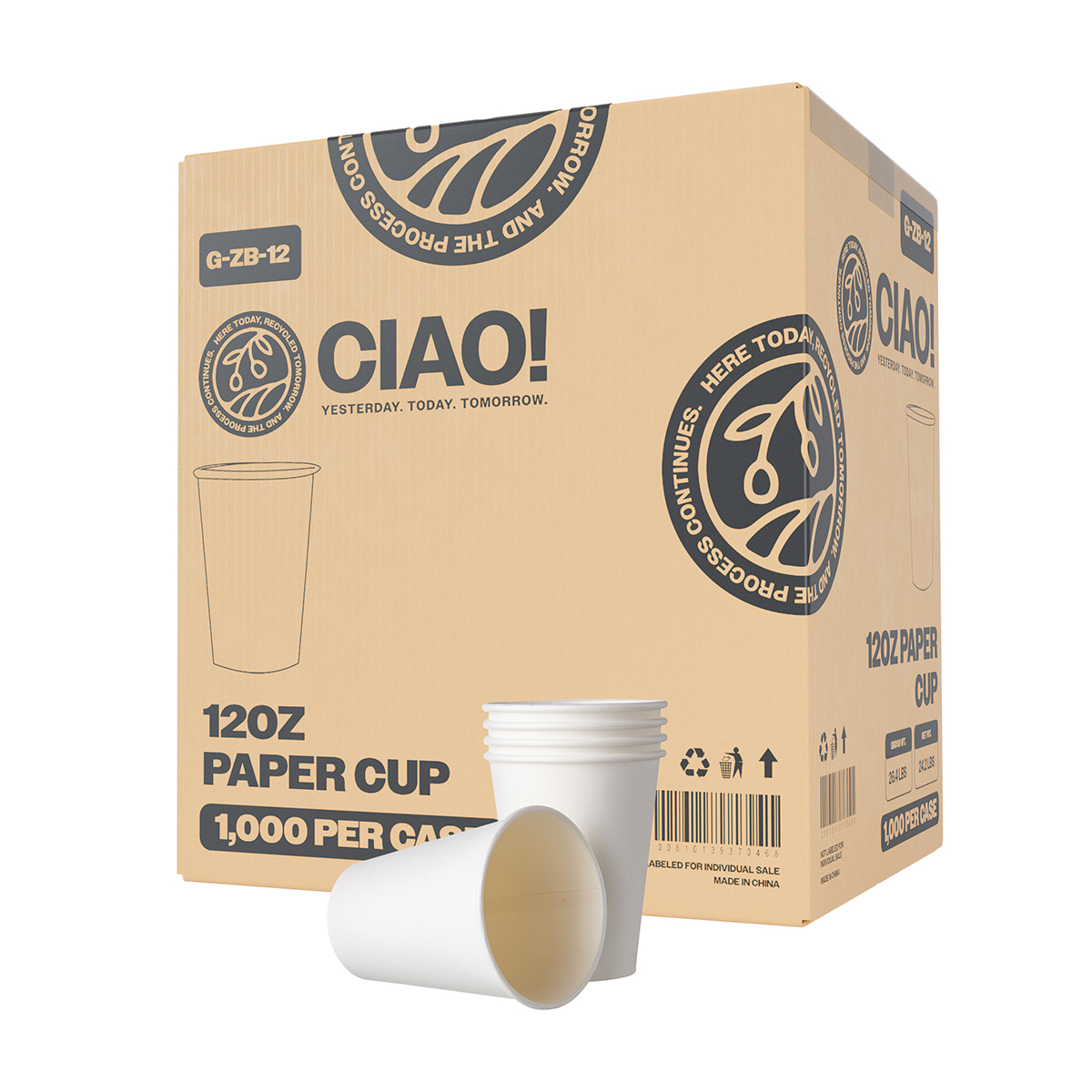 CIAO! 12oz White Paper Hot Cup, Disposable, 90mm Diameter 1,000 Count