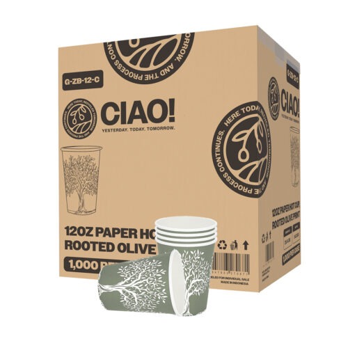 CIAO! 12oz Paper Hot Cup, Rooted Olive Print, (Case of 1,000)