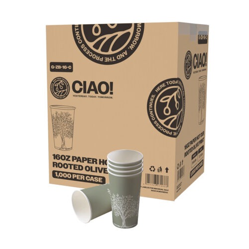 CIAO! 16oz Paper Hot Cup, Rooted Olive Print, (Case of 1,000)