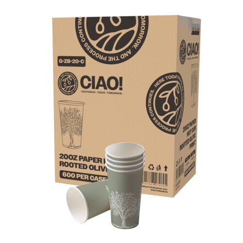 CIAO! 20oz Paper Hot Cup, Rooted Olive Print, (Case of 600)