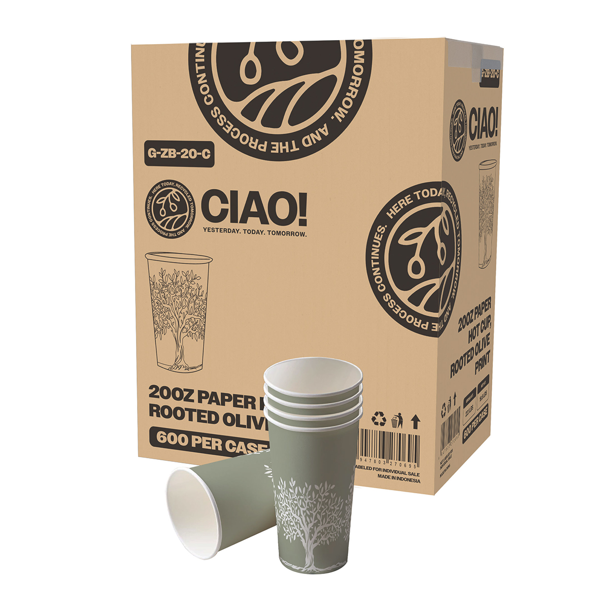 CIAO! 20oz Paper Hot Cup, Rooted Olive Print, (Case of 600)