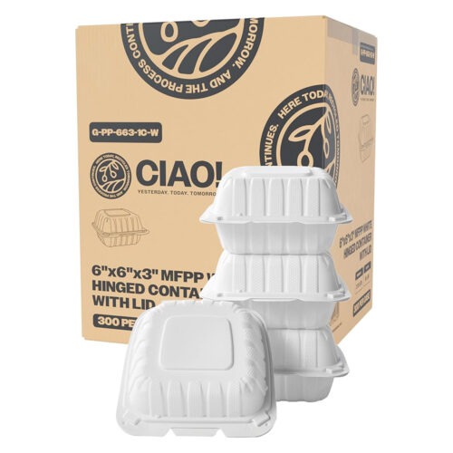 CIAO! 6″x6″x3″ MFPP White Hinged Container With Lid 1 Compartment (Case of 300)
