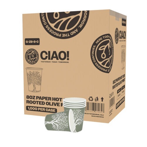 CIAO! 8oz Paper Hot Cup, Rooted Olive Print, (Case of 1,000)