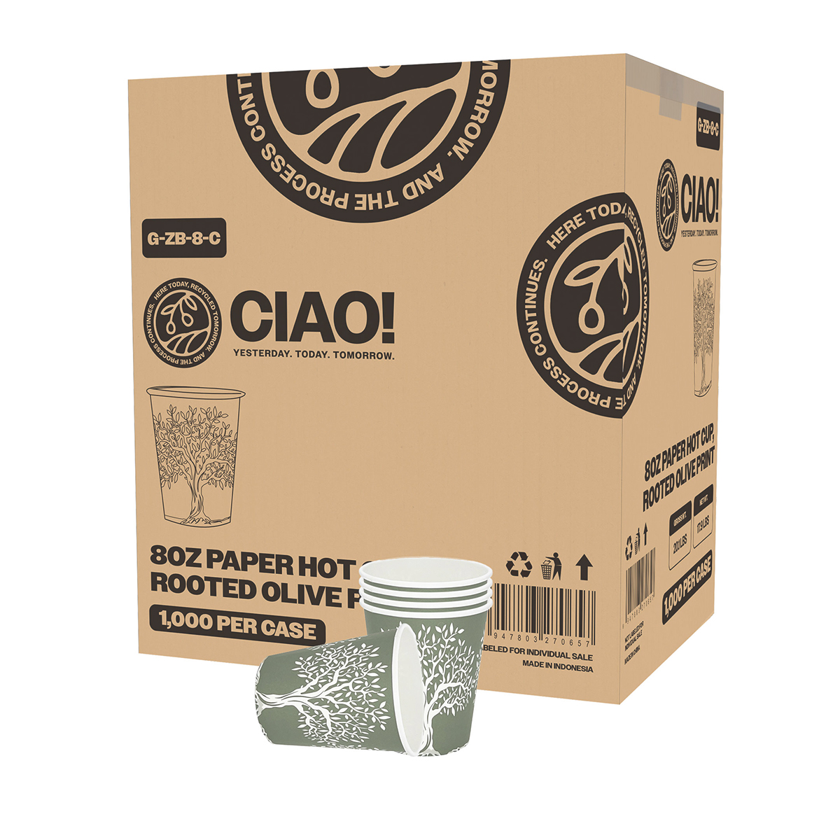 CIAO! 8oz Paper Hot Cup, Rooted Olive Print, (Case of 1,000)