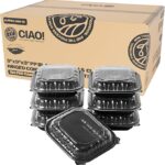 CIAO! 9"x9"x3" Polypropylene Black bottom with Clear Lid Hinged Container 1 Compartment Take Out Container, Microwavable, Recyclable and Reusable, (Case of 150)