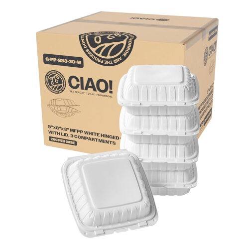 CIAO! 8″x8″x3″ MFPP White Hinged Container With Lid 3 Compartment (Case of 200)