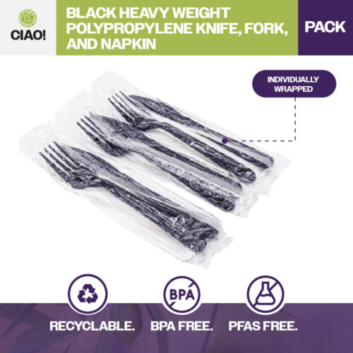 Black PP Heavy Weight 3 Kit Knife Fork Napkin Individually Wrapped