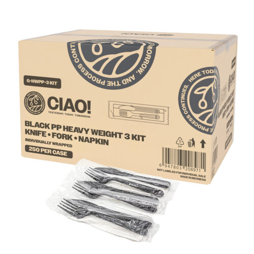 Black PP Heavy Weight 3 Kit Knife Fork Napkin Individually Wrapped