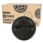 CIAO! 9" MFPP 3 Compartment Heavy Weight Plastic Plate Black (Case of 400)