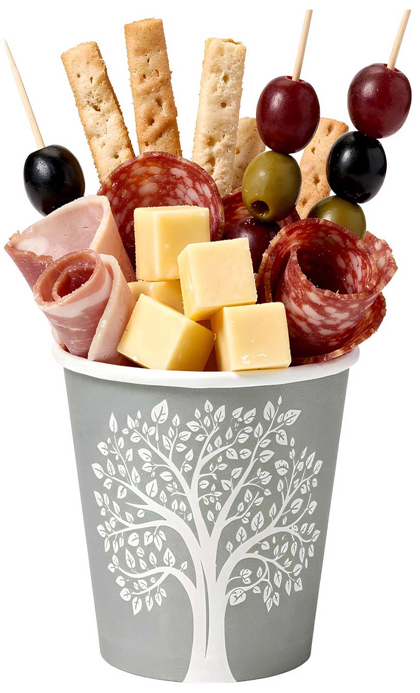 CIAO Rooted Olive Charcuterie Cup For Meats, Cheeses, Nuts, Pretzels, Fruit, Veggies CIAO Disposable Charcuterie Cup - Rooted Olive Design