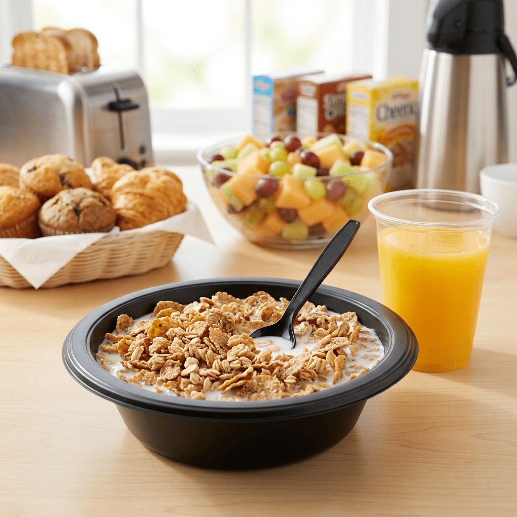 CIAO packaging breakfast cereal bowls for hotel guests and hotel continental breakfast service