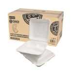 CIAO! 8"x8"x3" Clamshell 3 Compartment 100% Compostable Ecofriendly PFAS Free Unbleached Bagasse Natural White (200/case)