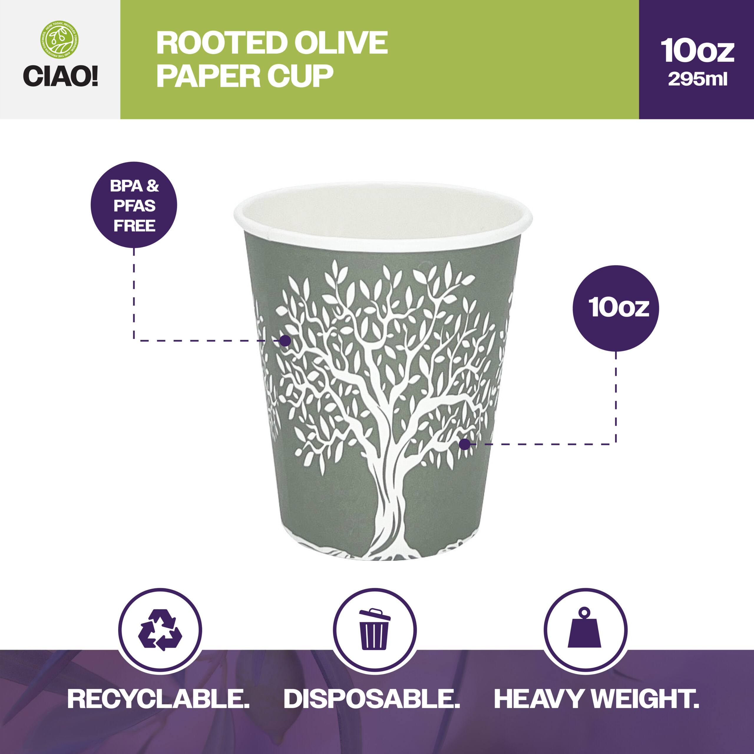 CIAO! 10oz Paper Hot Cup, Rooted Olive Print, (Case of 1,000) - Image 3