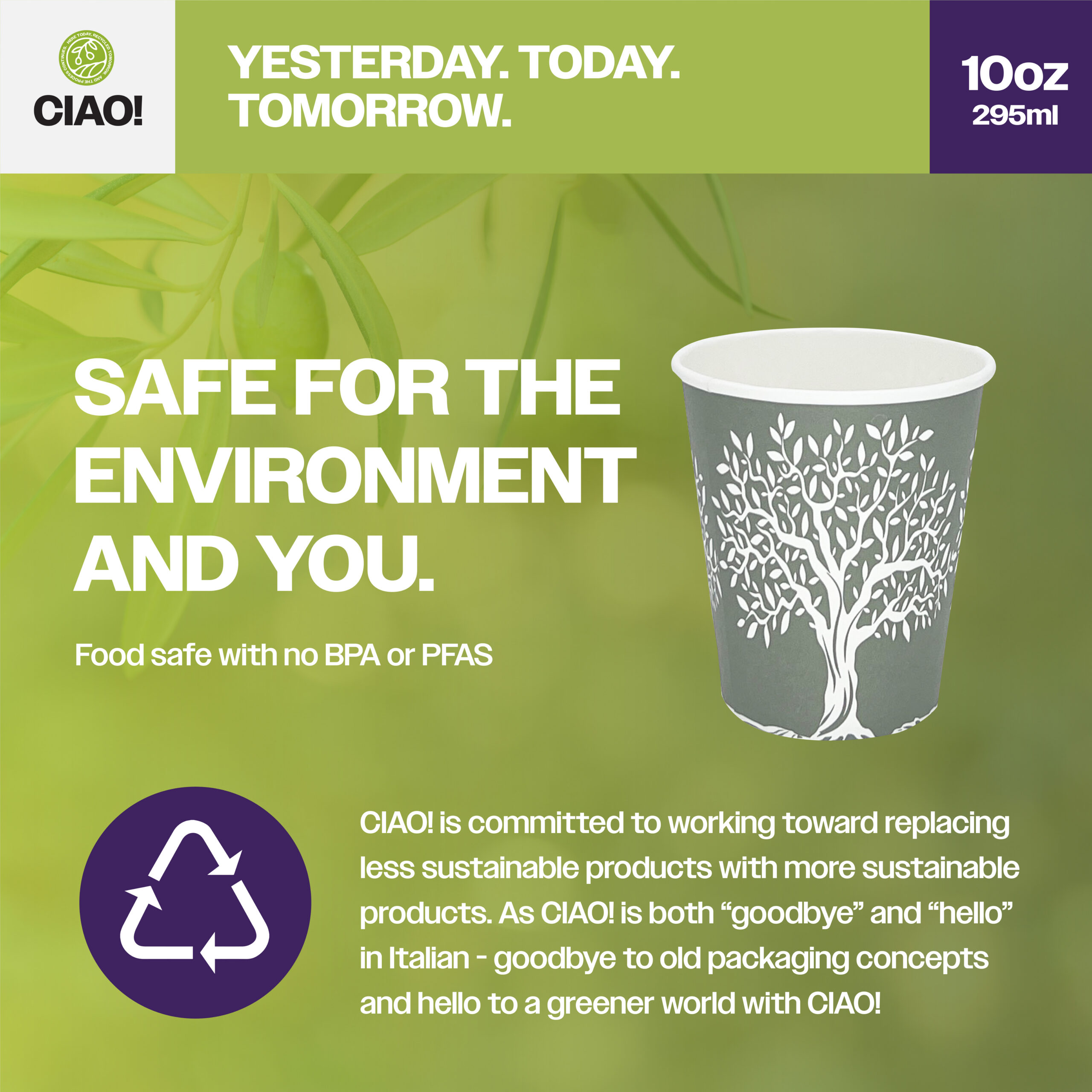 CIAO! 10oz Paper Hot Cup, Rooted Olive Print, (Case of 1,000) - Image 4