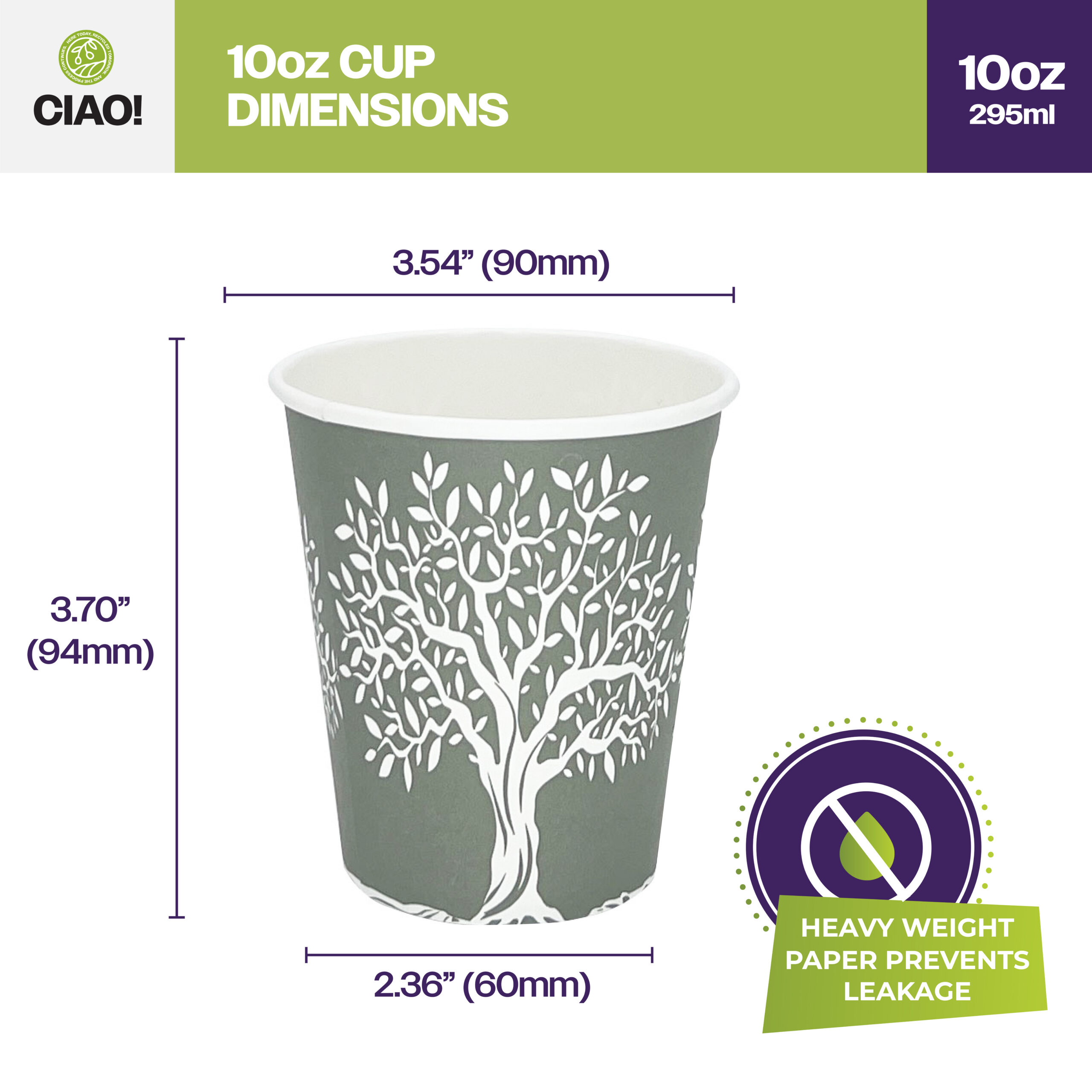 CIAO! 10oz Paper Hot Cup, Rooted Olive Print, (Case of 1,000) - Image 2