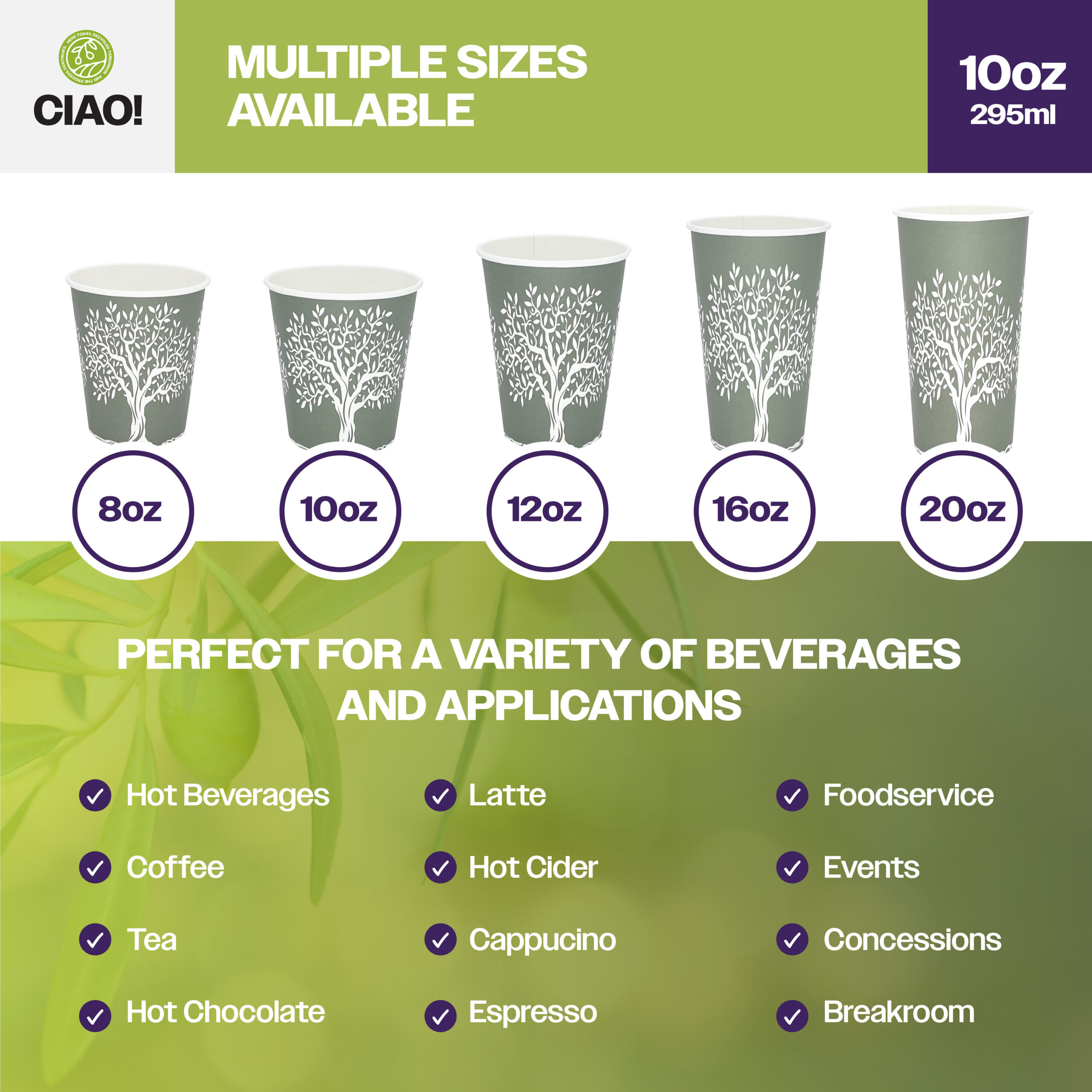 CIAO! 10oz Paper Hot Cup, Rooted Olive Print, (Case of 1,000) - Image 5