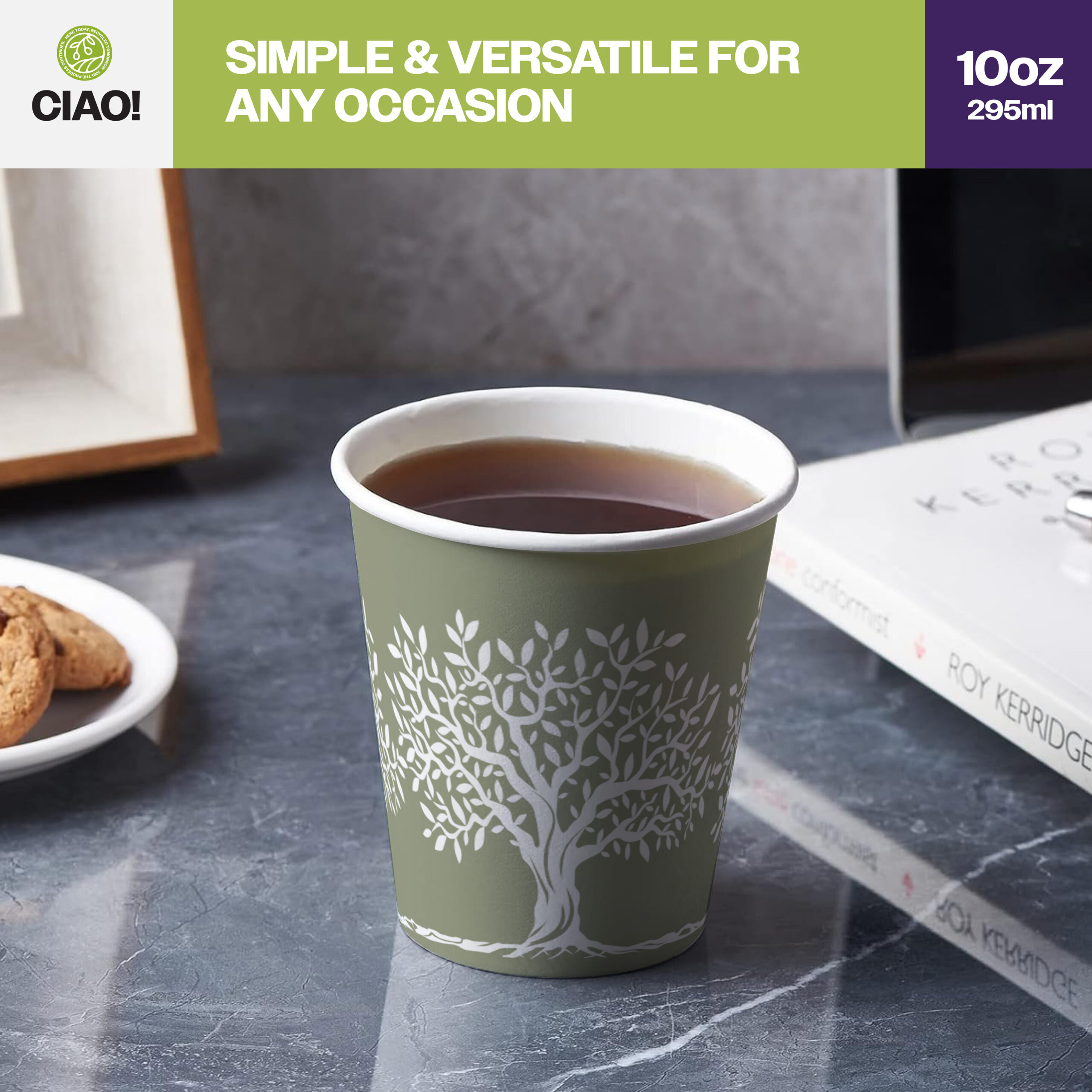 CIAO! 10oz Paper Hot Cup, Rooted Olive Print, (Case of 1,000) - Image 7