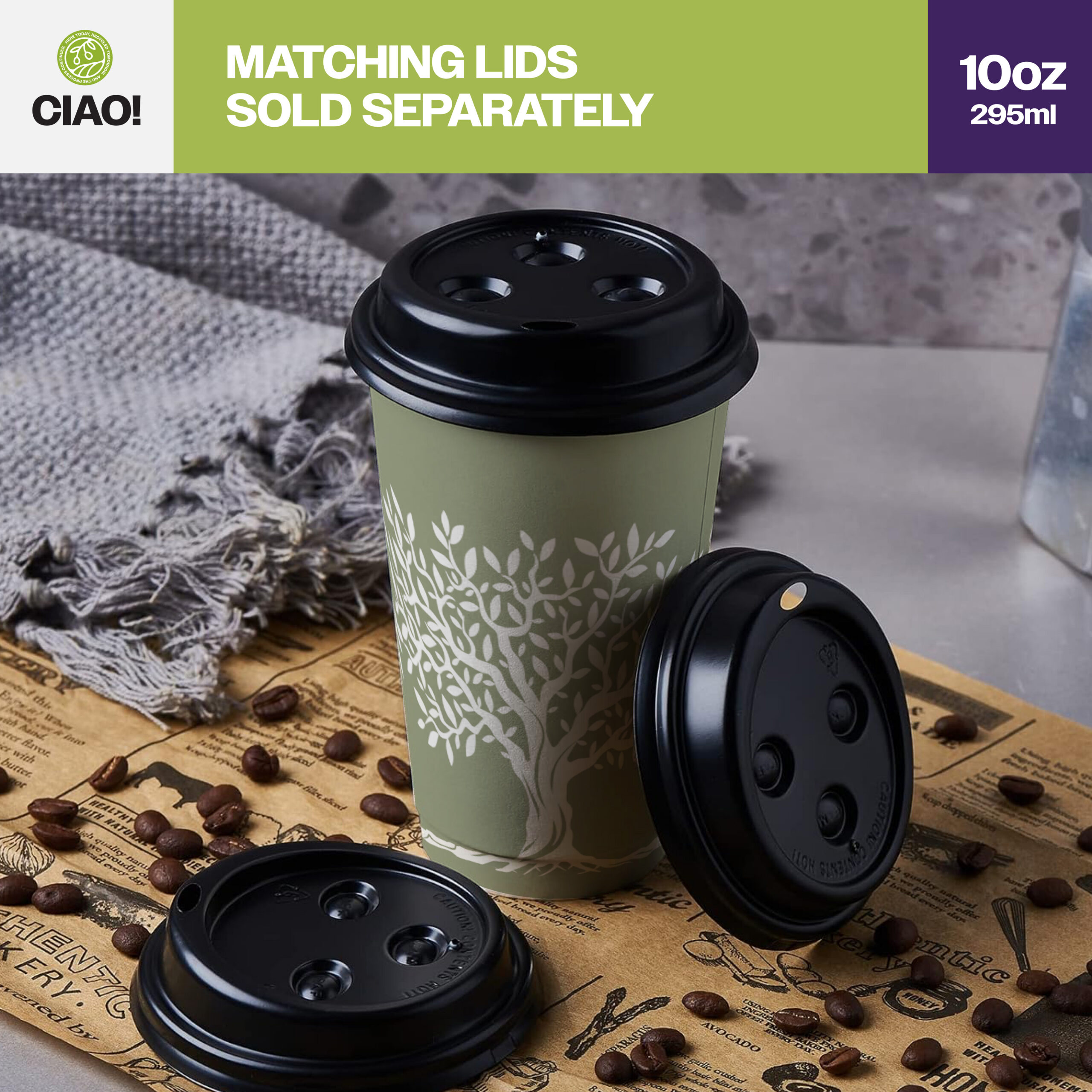 CIAO! 10oz Paper Hot Cup, Rooted Olive Print, (Case of 1,000) - Image 6