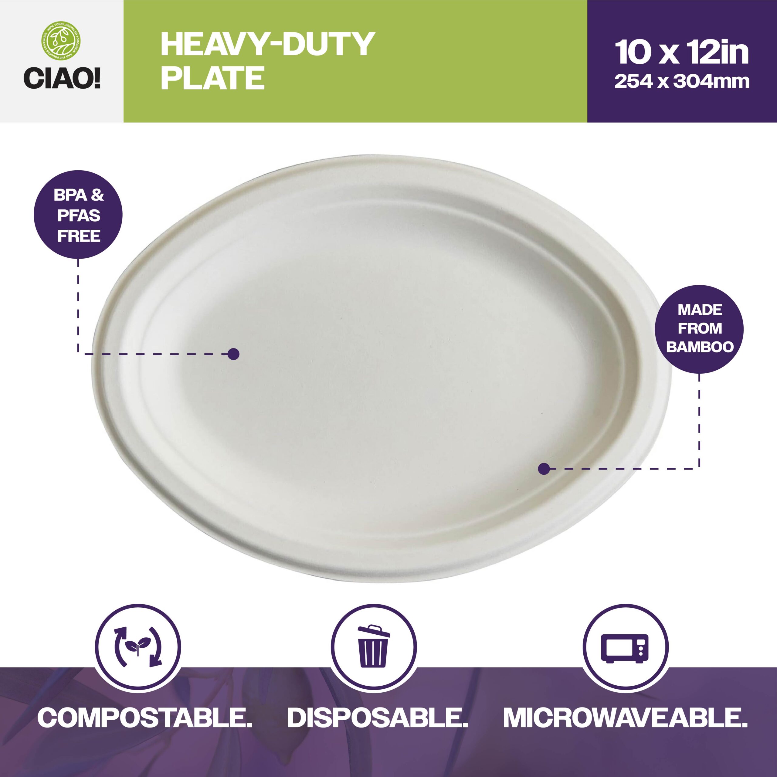 CIAO! 10"X12" Heavy Duty Oval Plate 100% Compostable PFAS Free Unbleached Bagasse Natural White (Pack of 500) - Image 3