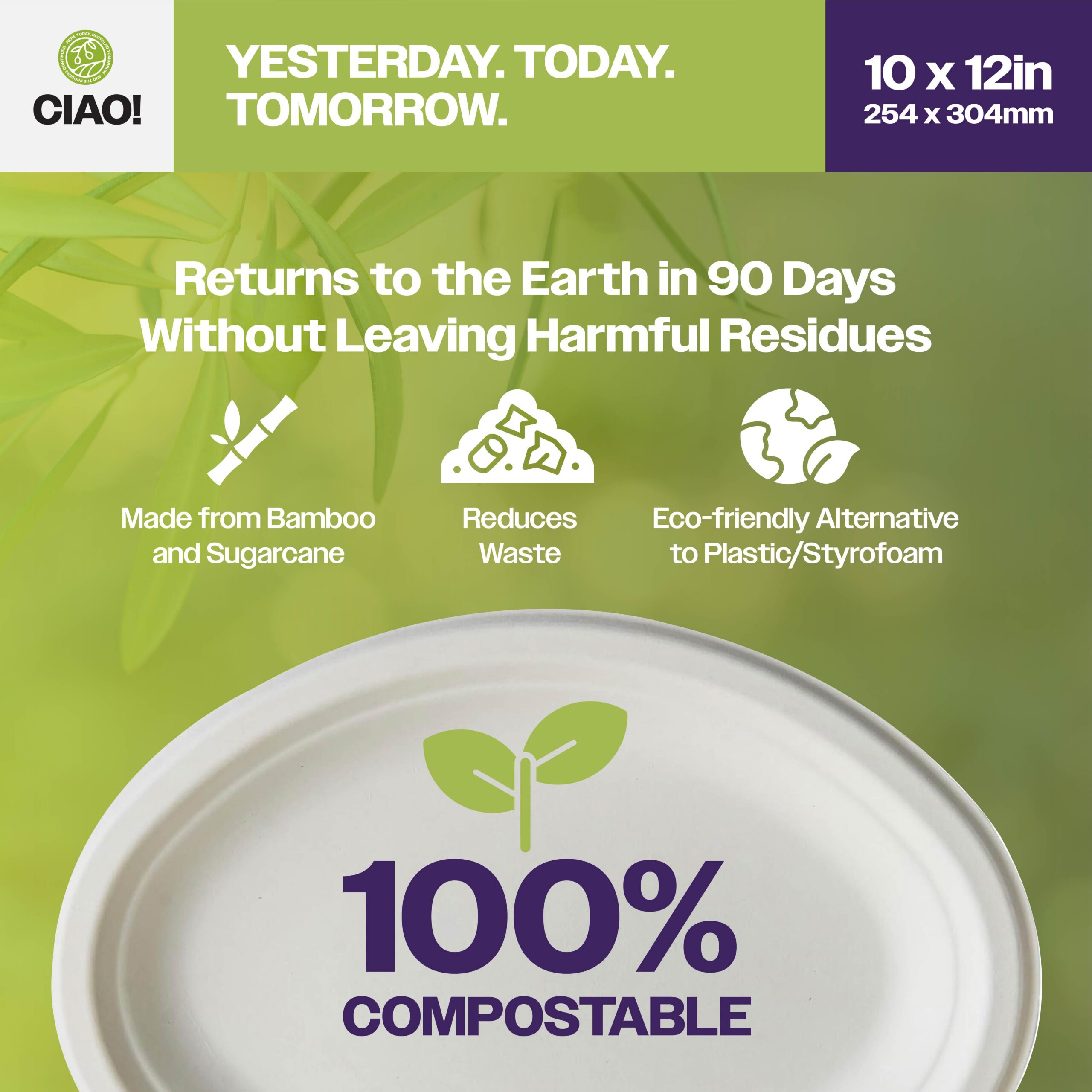 CIAO! 10"X12" Heavy Duty Oval Plate 100% Compostable PFAS Free Unbleached Bagasse Natural White (Pack of 500) - Image 4