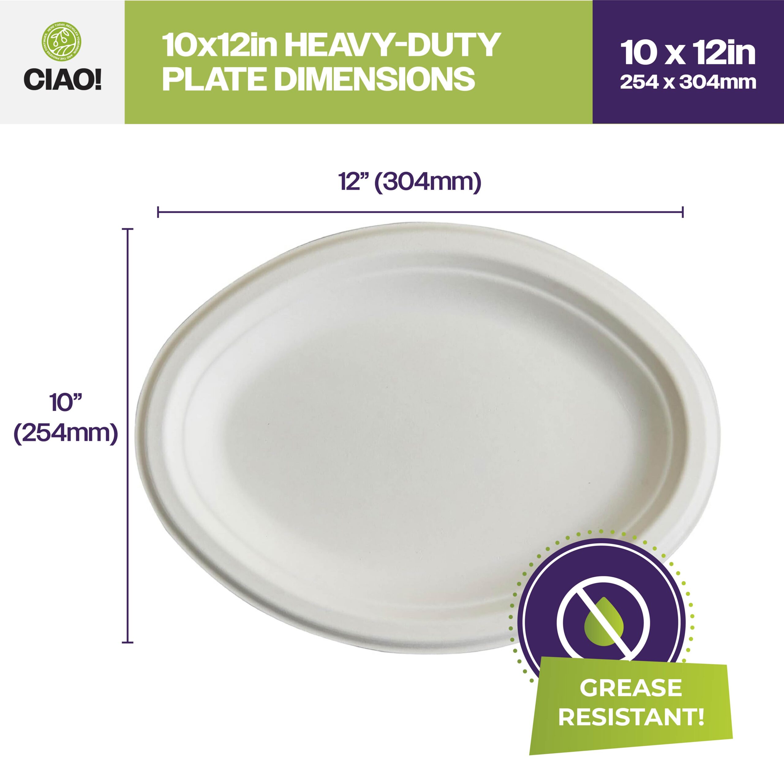 CIAO! 10"X12" Heavy Duty Oval Plate 100% Compostable PFAS Free Unbleached Bagasse Natural White (Pack of 500) - Image 2
