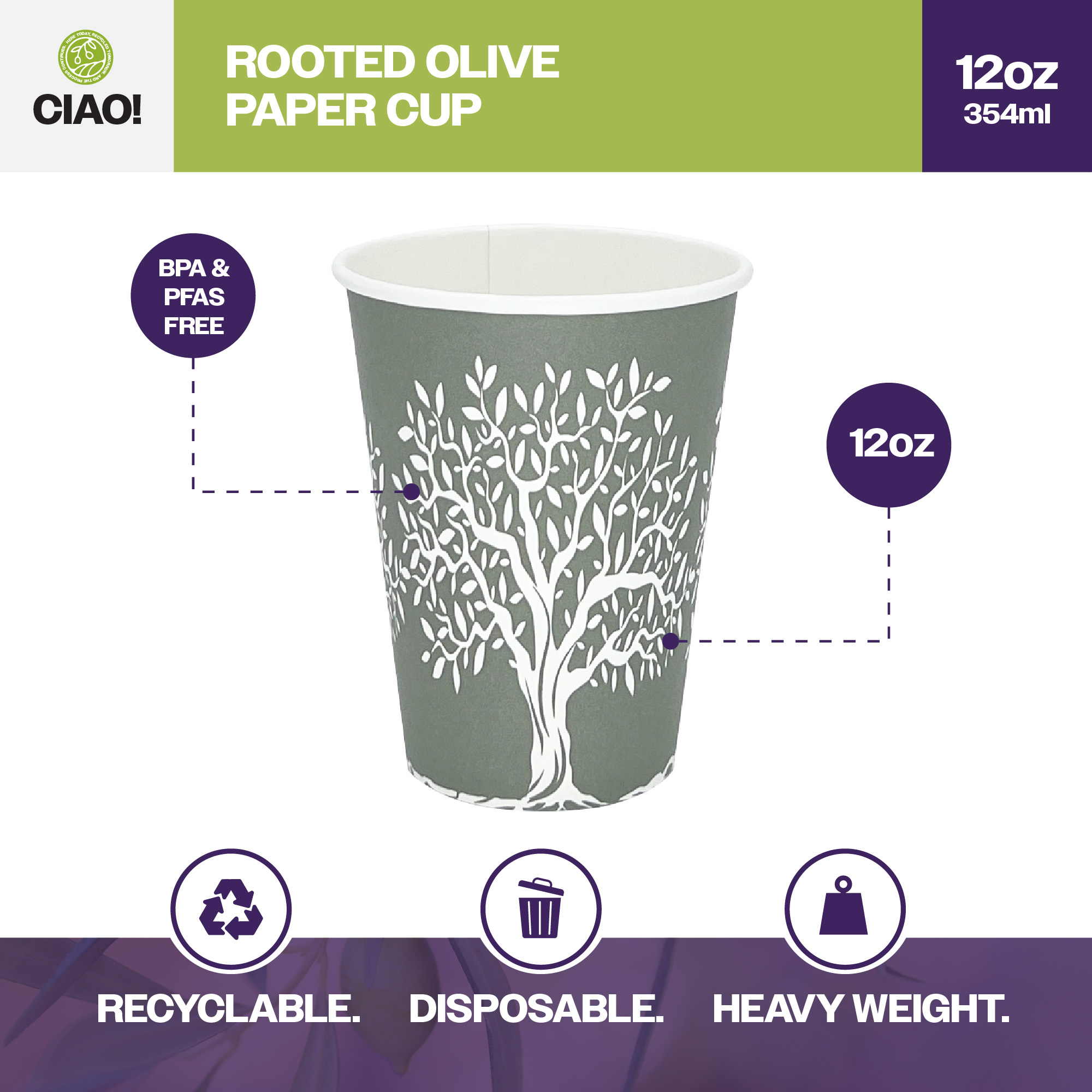 CIAO! 12oz Paper Hot Cup, Rooted Olive Print, (Case of 1,000) - Image 3
