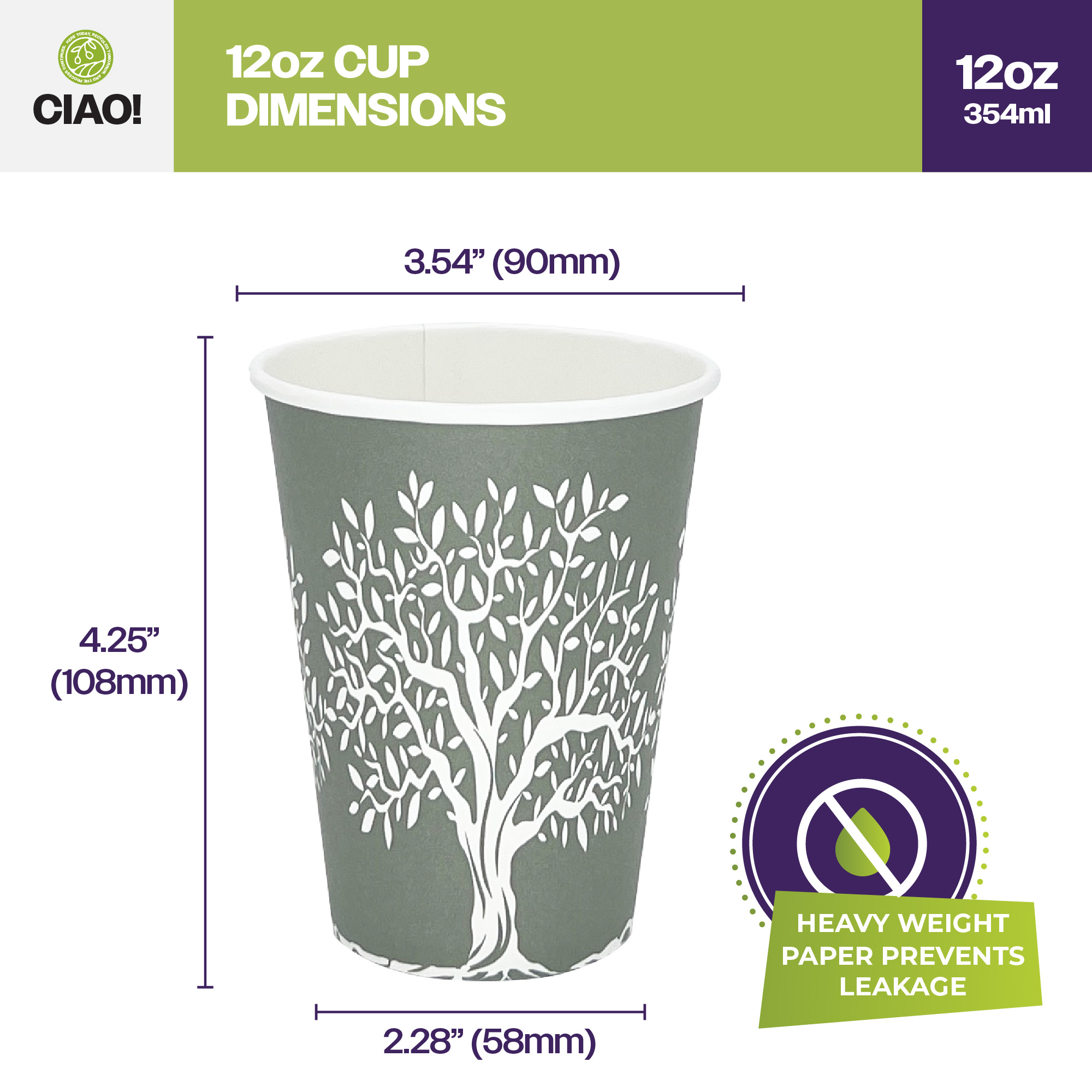 CIAO! 12oz Paper Hot Cup, Rooted Olive Print, (Case of 1,000) - Image 2