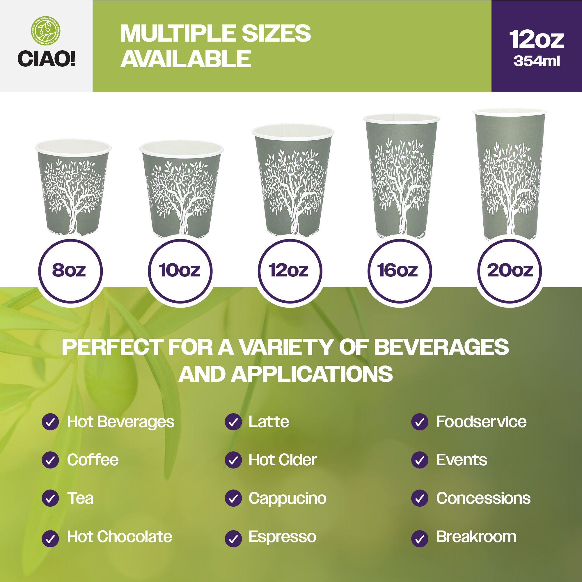 CIAO! 12oz Paper Hot Cup, Rooted Olive Print, (Case of 1,000) - Image 5