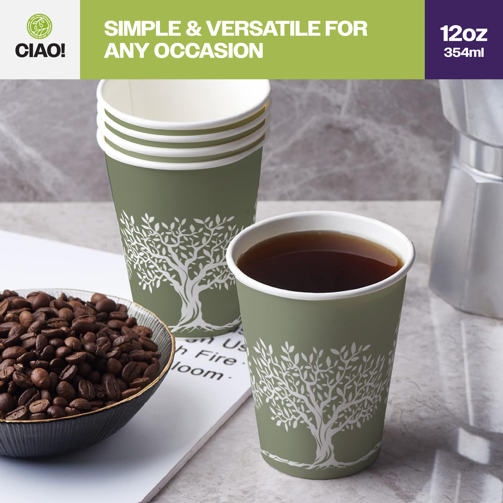 CIAO! 12oz Paper Hot Cup, Rooted Olive Print, (Case of 1,000) - Image 7