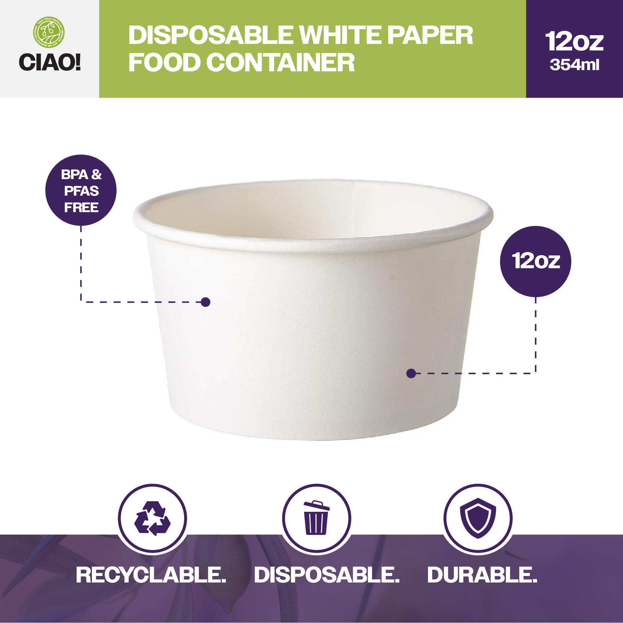 CIAO! 12 oz Disposable White Paper Food Container, 115mm Diameter, Lids Sold Separately (500/case) - Image 3