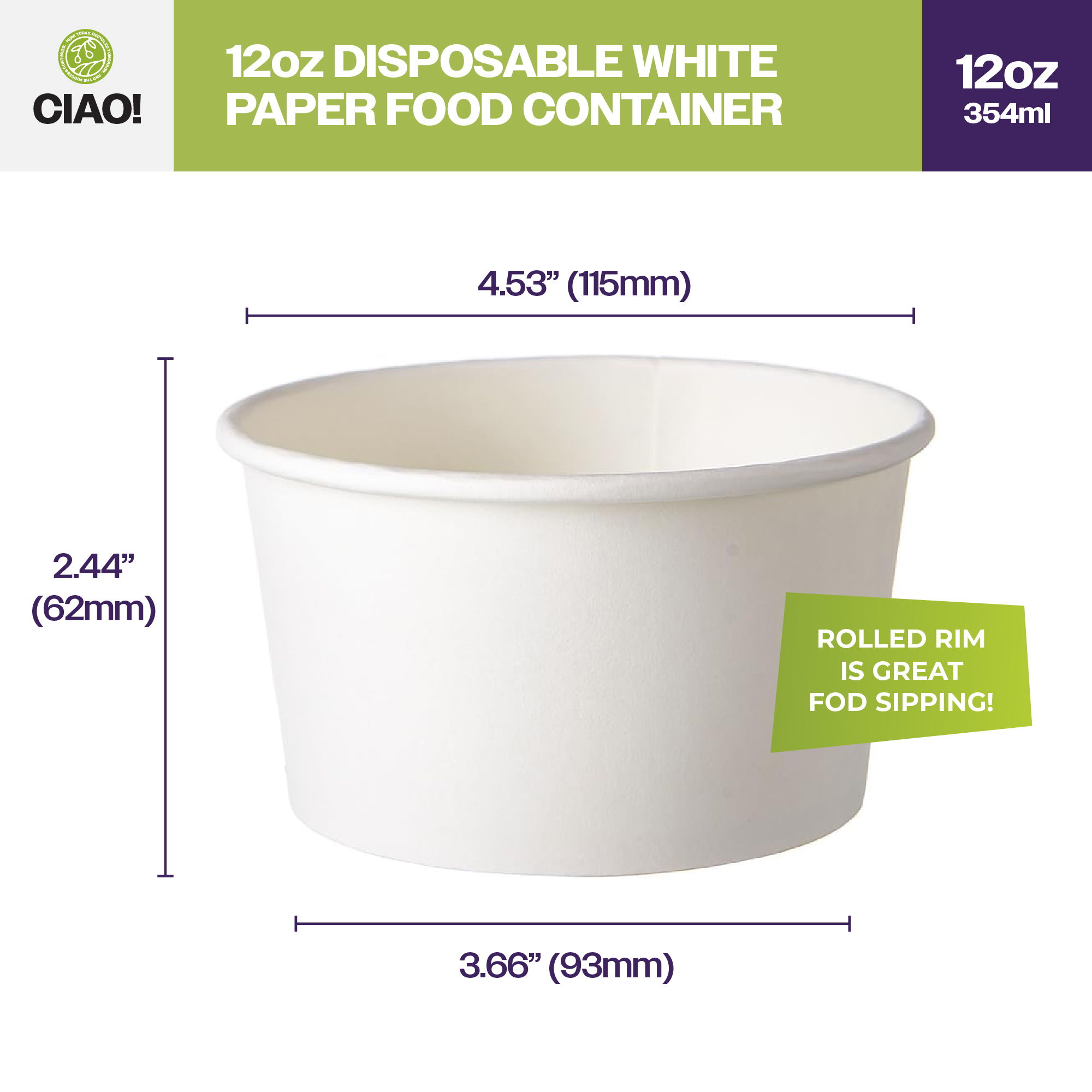 CIAO! 12 oz Disposable White Paper Food Container, 115mm Diameter, Lids Sold Separately (500/case) - Image 2