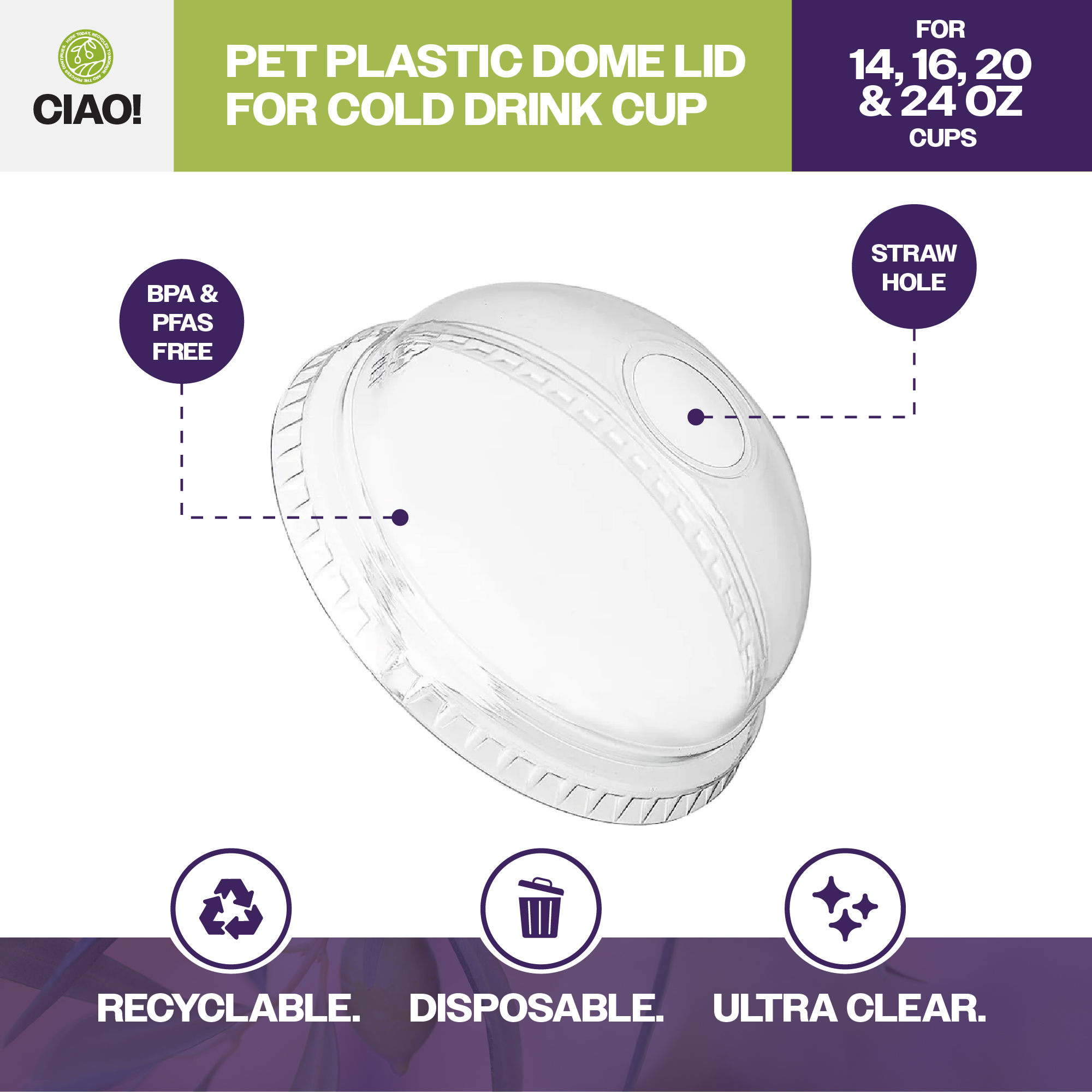 CIAO! PET Dome Lid with Straw Slot, Designed and Fit for 14 oz/16 oz/20 oz/24 oz Brand PET Cold Drink Cups Only, 98mm (Case of 1,000) - Image 2